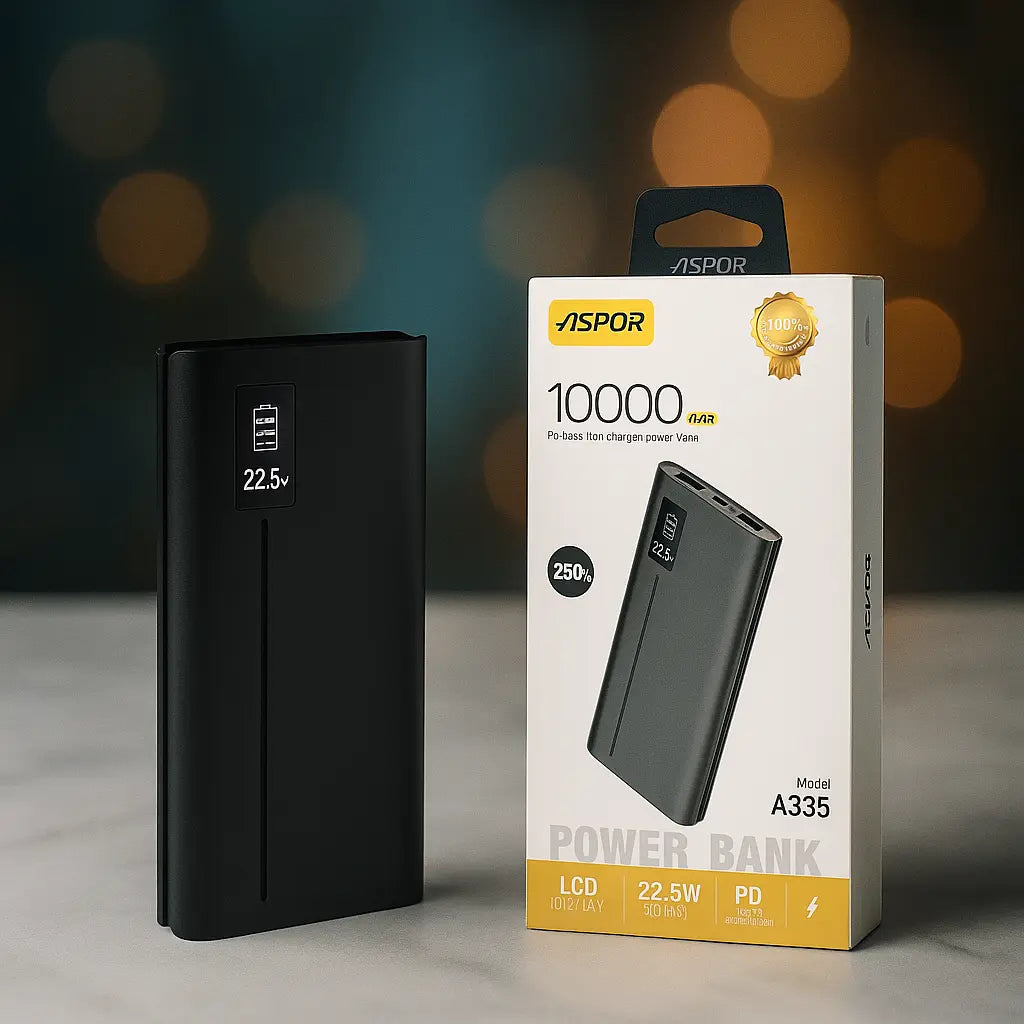 Aspor A335 10000mAh Power Bank | 22.5W Fast Charging | LCD Display | Ultra-Thin Design